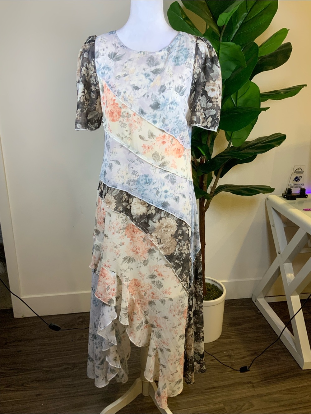 BaeVely Pastel Floral Patchwork Maxi Dress with Diagonal Panels